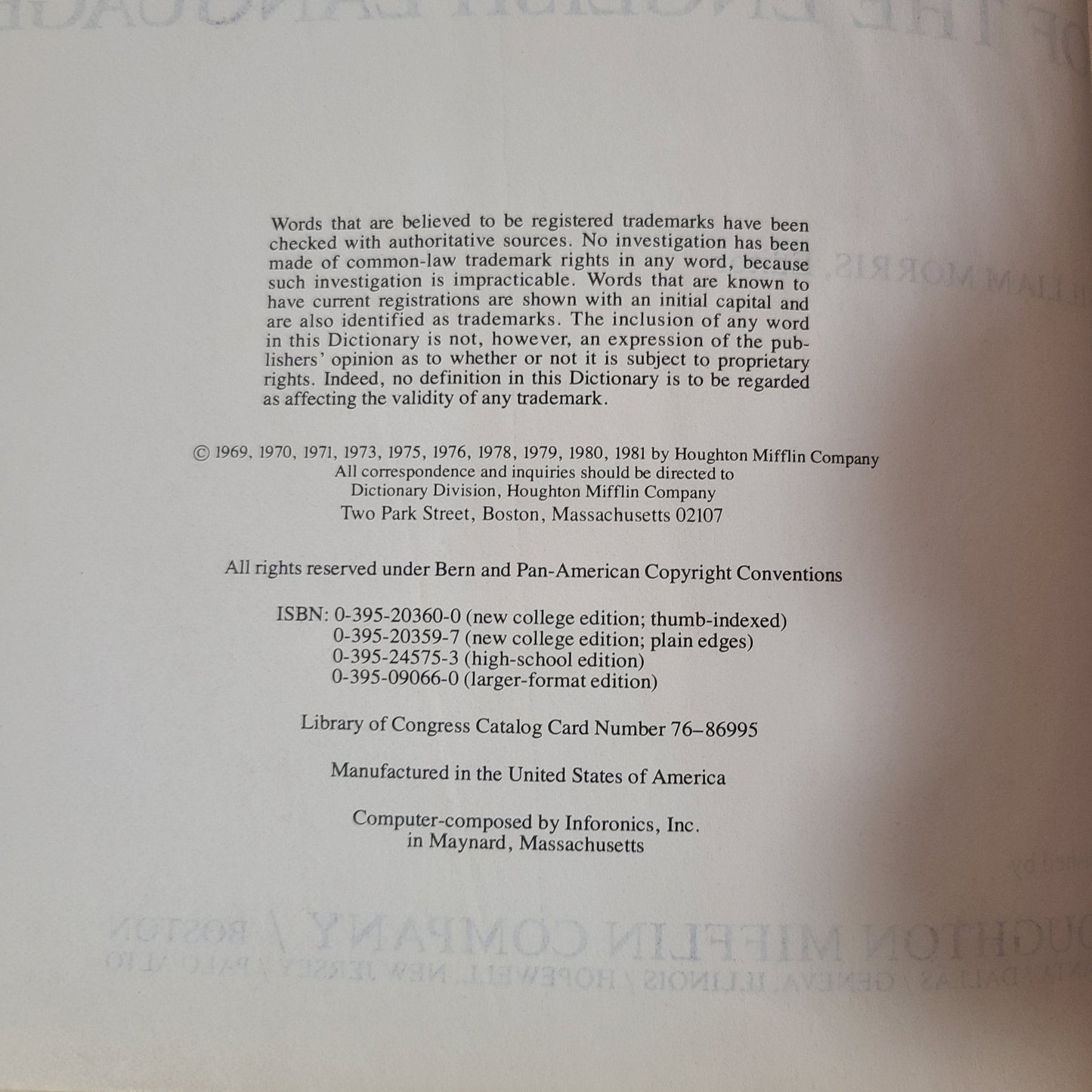 HC The American Heritage Dictionary of the English Language, New College Edition - Copyright 1981 - LIKE NEW