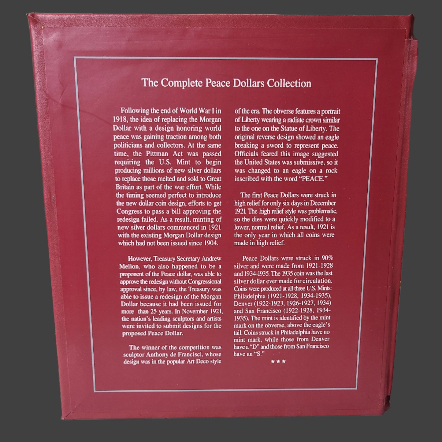 The Complete Peace Dollars Collection Empty Box - USED