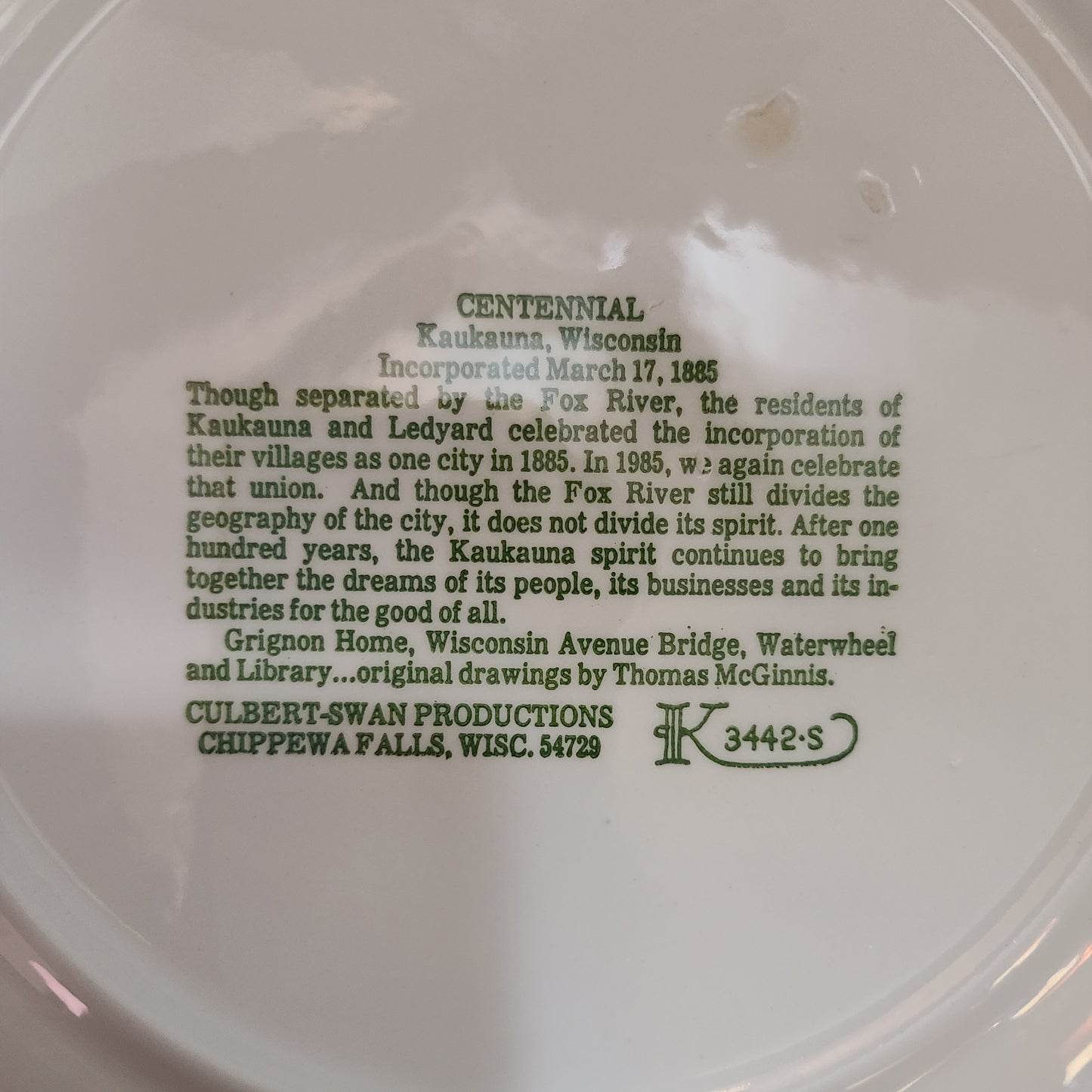 VTG 1885-1985 Kaukauna Wisconsin Centennial Plate - USED