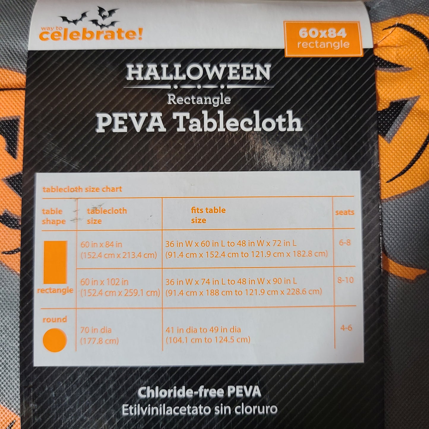Way To Celebrate! Halloween Rectangle PEVA Gray Pumpkin Tablecloth - NEW