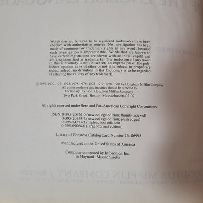 HC The American Heritage Dictionary of the English Language, New College Edition - Copyright 1981 - LIKE NEW