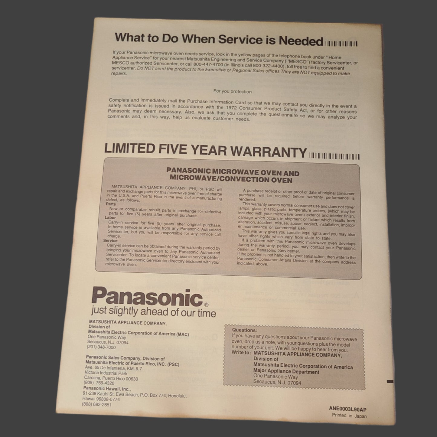 SC Panasonic Microwave Oven Cookbook & Operating Instructions - Copyright 1984 - LIKE NEW