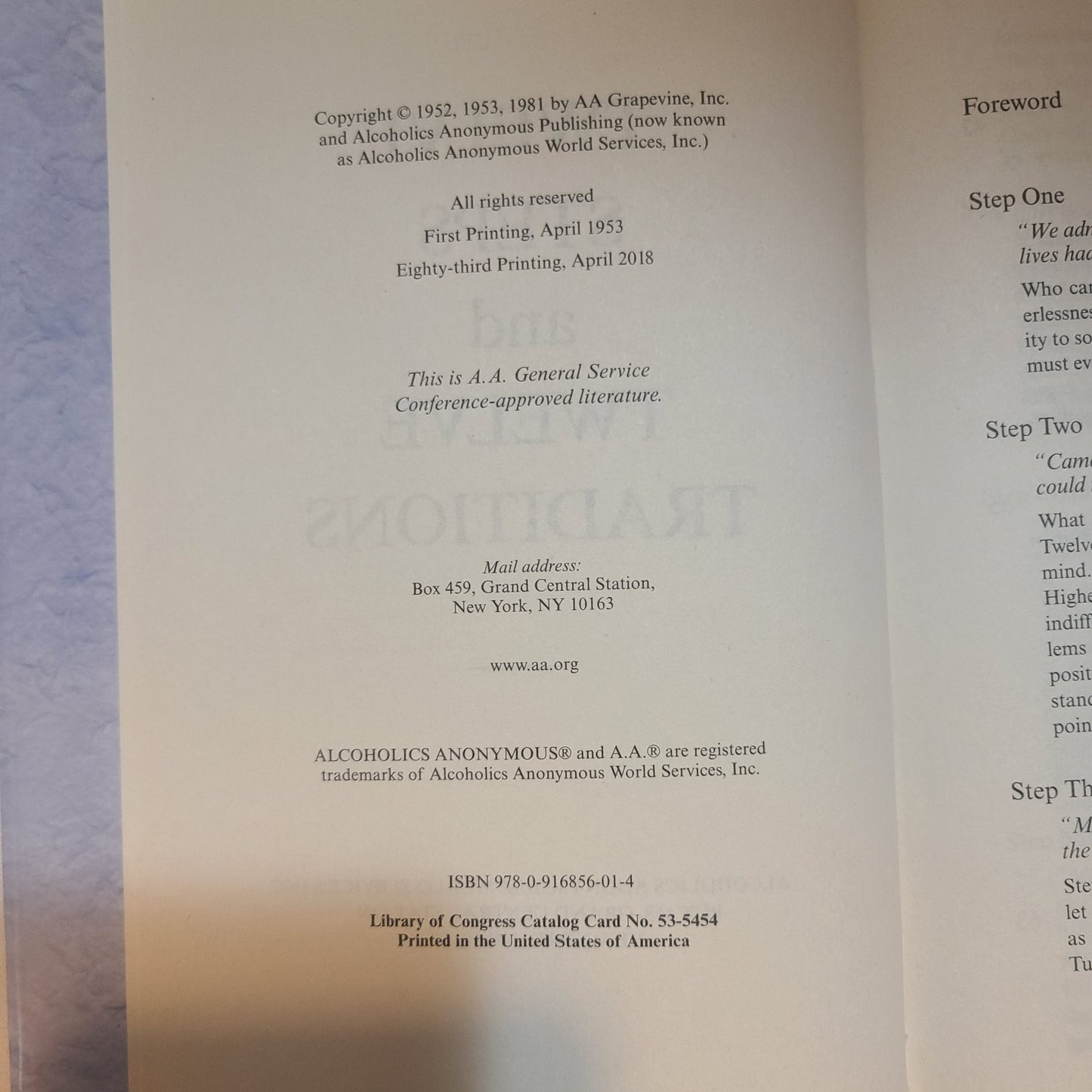 HC Twelve Steps and Twelve Traditions - Copyright 1981 - USED