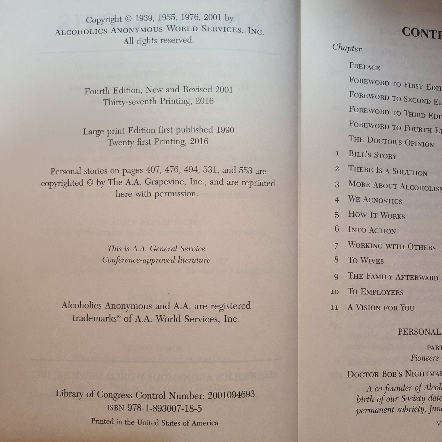 SC Alcoholics Anonymous Fourth Edition - Copyright 2001 - USED