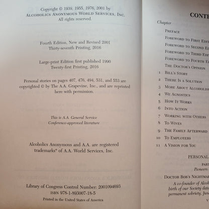 SC Alcoholics Anonymous Fourth Edition - Copyright 2001 - USED