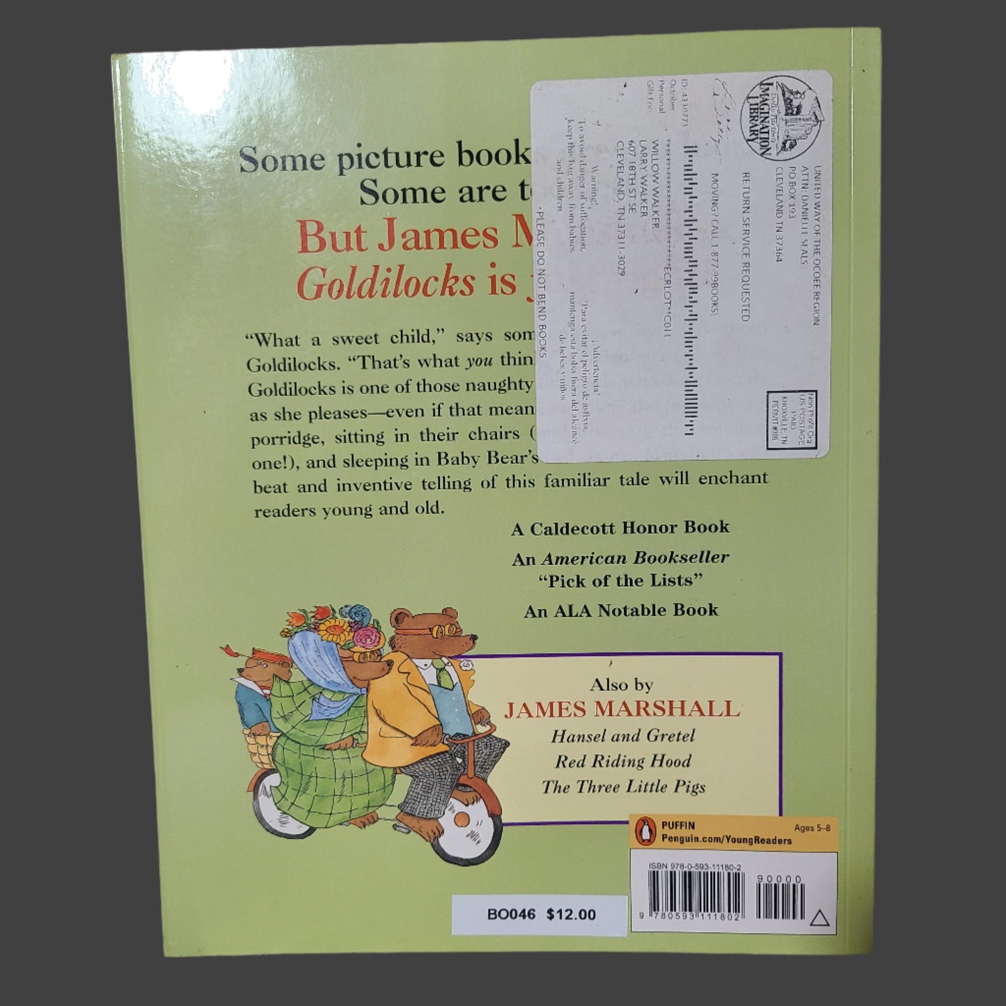 SC VTG Goldilocks and the Three Bears by James Marshall - Copyright 1988 - LIKE NEW