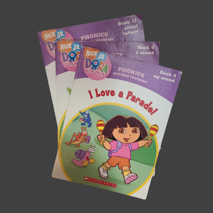 SC Set of 3 Nick Jr Dora the Explorer Phonics Reading Program Books - Book 8, 9, & 11 - By Quinlan B. Lee - Copyright 2005 - USED