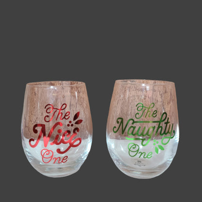 Hallmark - The Naughty One and The Nice One - Stemless Wine Glasses - LIKE NEW