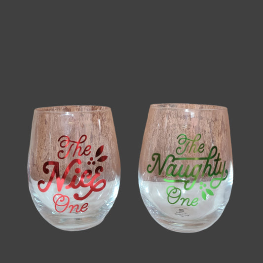 Hallmark - The Naughty One and The Nice One - Stemless Wine Glasses - LIKE NEW