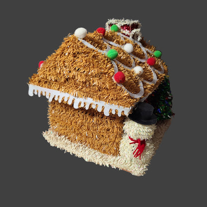 Unbranded Handmade Garland Gingerbread House Display - Snowman Missing Face - AS IS