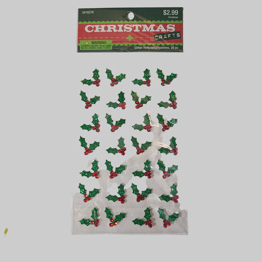 28PC Christmas Crafts Glitter Holly w/ Gemstones Stickers - NEW