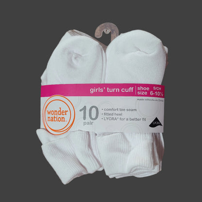 10 Pair White Wonder Nation Girls' Turn Cuff Socks - Size S/CH 6-10.5 - LIKE NEW