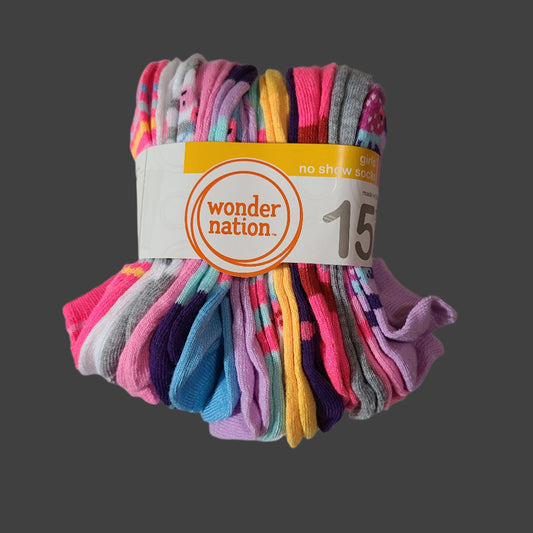 Wonder Nation 15 Pair Girls' No Show Socks - Small 6-10.5 - NEW