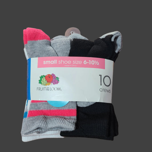Fruit of the Loom 10 Pair Crew Socks - Small 6-10.5 - NEW