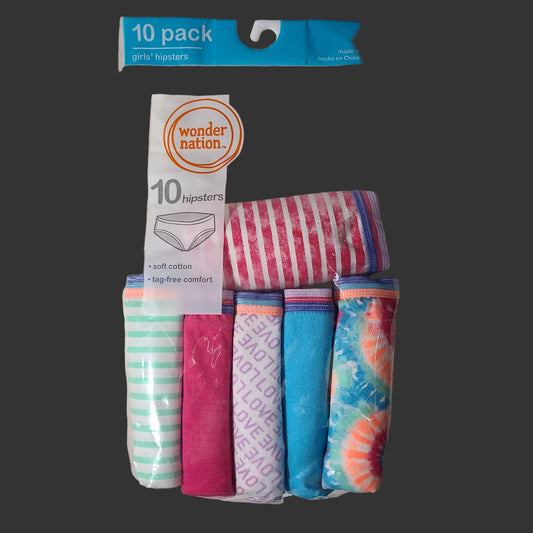 6PK Wonder Nation Girls' Hipsters - Size 10 - Partial Pack - AS IS