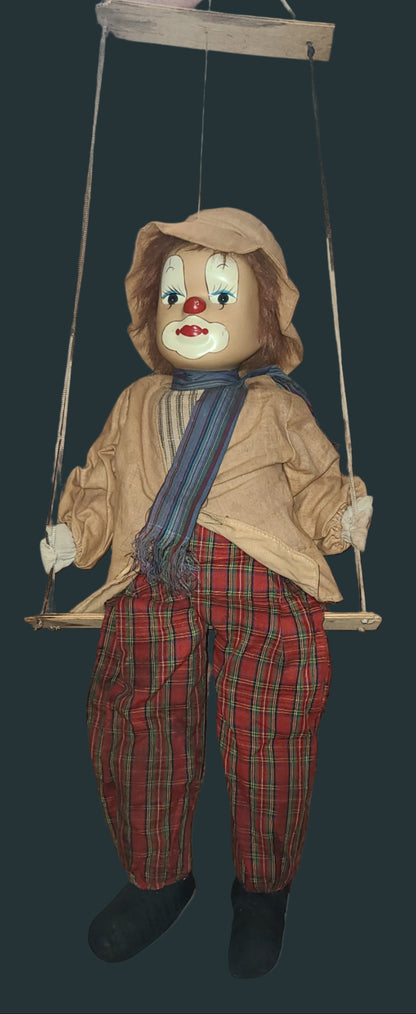 VTG Clown on a Swing Marionette Figurine - Some Damage - USED