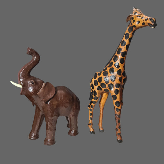Rare VTG Leather Wrapped Brown Elephant & Giraffe Figurines - USED