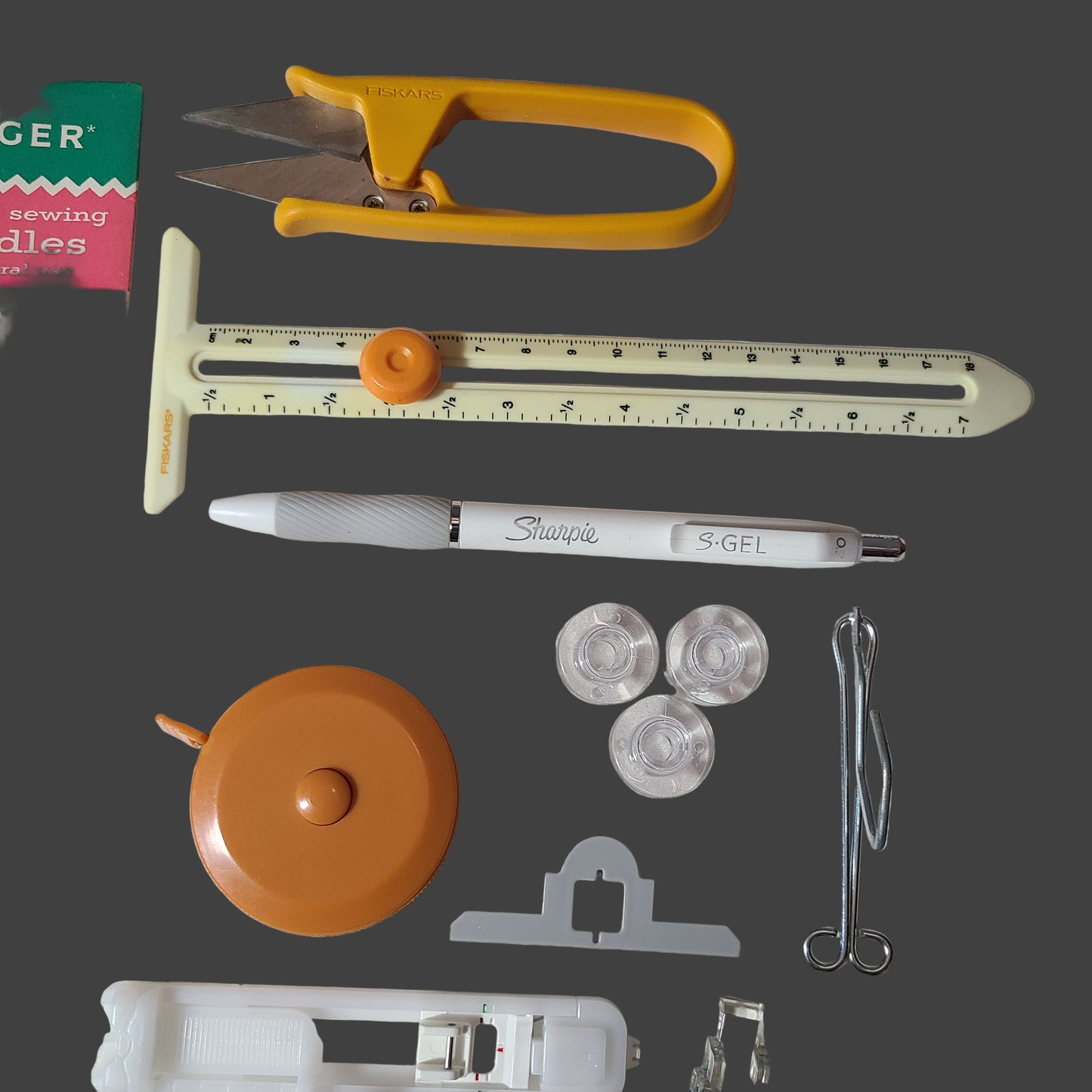 Bag of Miscellaneous Sewing Supplies - Measuring Tools, Cutting Tool, Needles & More - USED