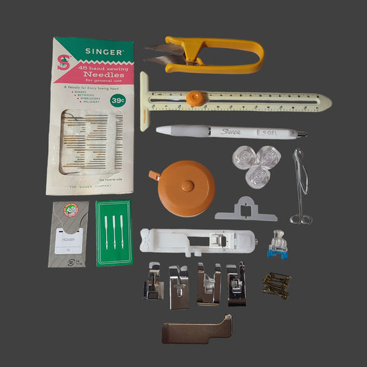 Bag of Miscellaneous Sewing Supplies - Measuring Tools, Cutting Tool, Needles & More - USED