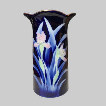 Pier 1 Cobalt Blue Iris Porcelain Vase w/ Gold Trim - LIKE NEW