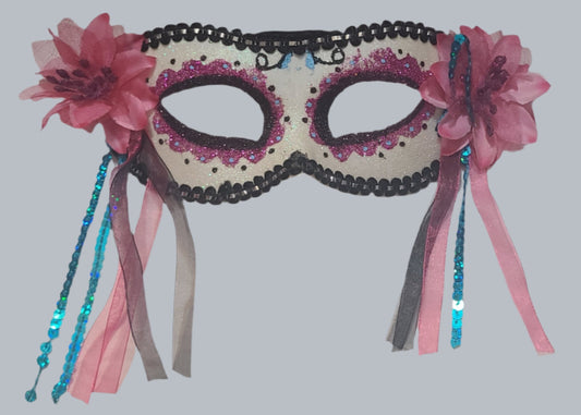 Day of the Dead Masquerade Mask – Pink & Black Glitter with Floral Accents - USED