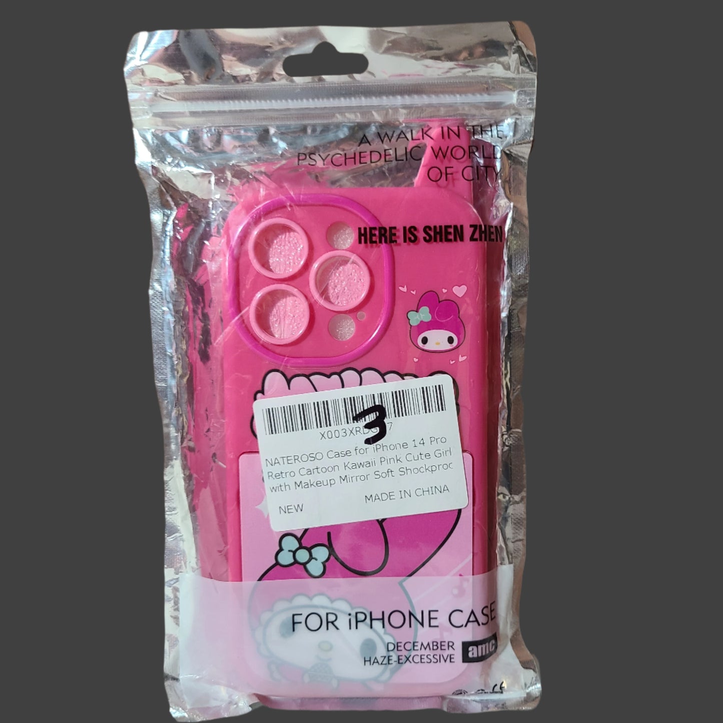 NATEROSO Case for iPhone 14 Pro Retro Cartoon Kawaii Pink Cute Girl w/ Makeup Mirror - NEW