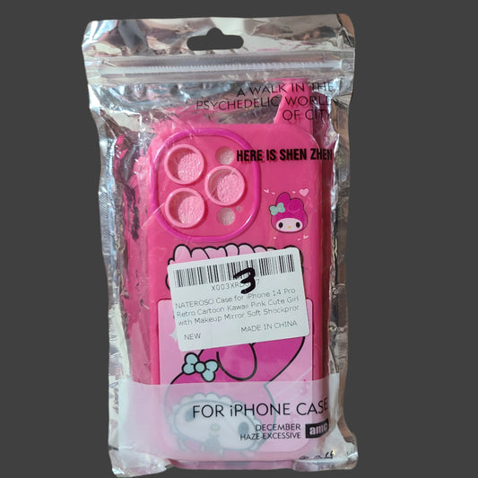 NATEROSO Case for iPhone 14 Pro Retro Cartoon Kawaii Pink Cute Girl w/ Makeup Mirror - NEW