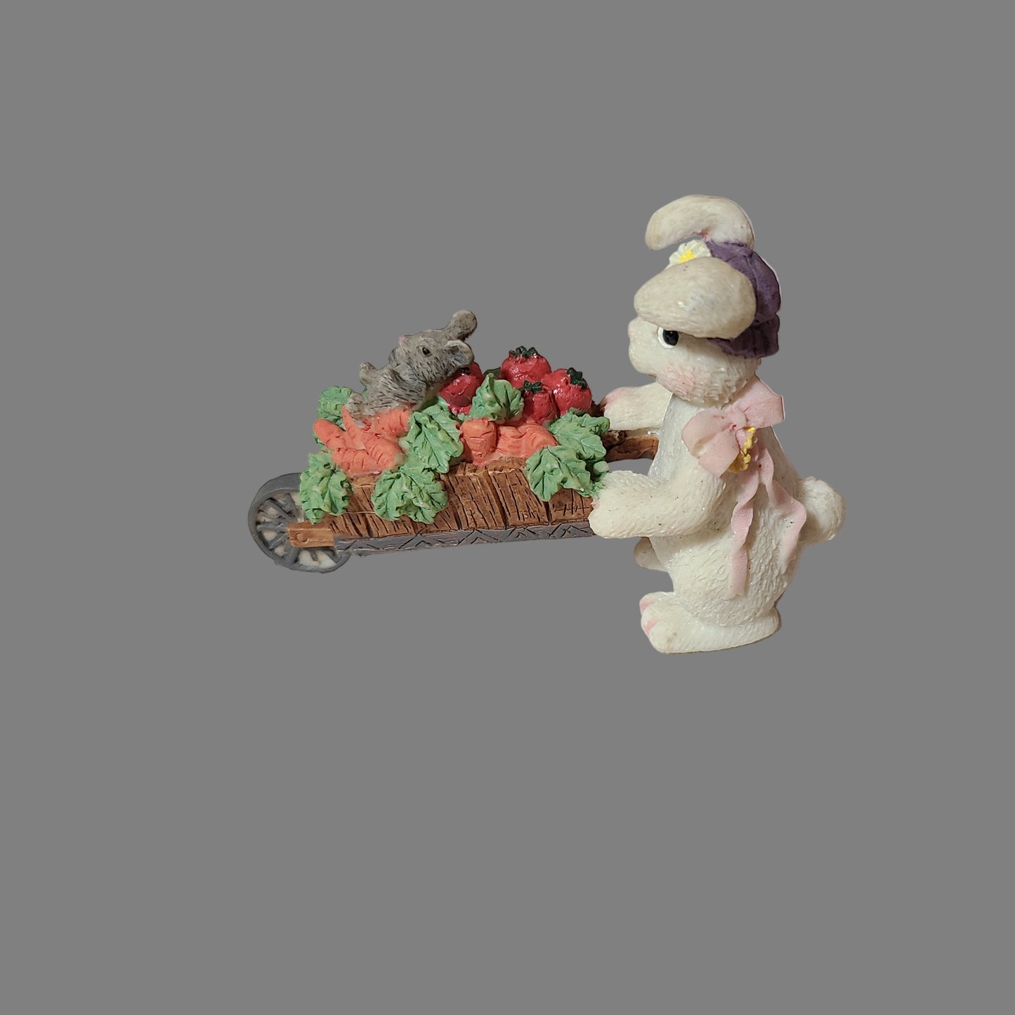 VTG Bunny Pushing Wheelbarrow w/ Mouse Resin Figurine - USED