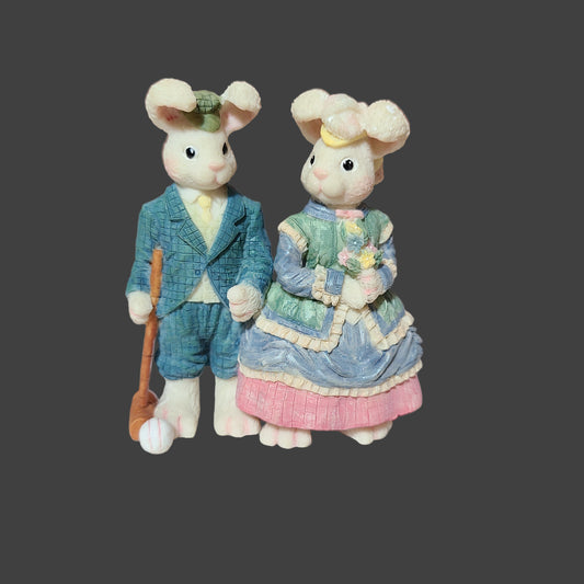 VTG Mr. & Mrs. Rabbit Playing Croquet Resin Figurine - LIKE NEW