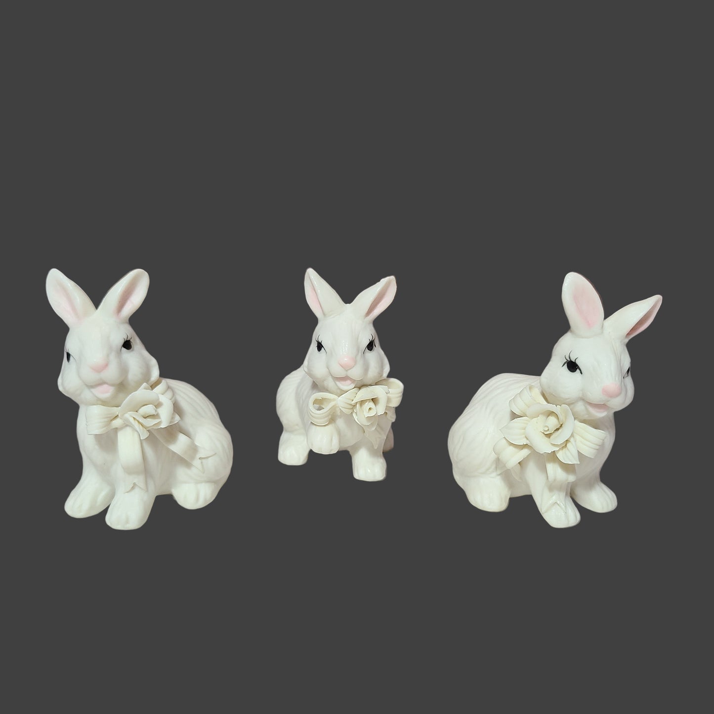 Set of 3 Ceramic Easter Bunnies w/ Flower Bows - USED