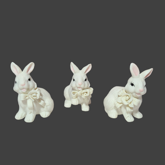 Set of 3 Ceramic Easter Bunnies w/ Flower Bows - USED