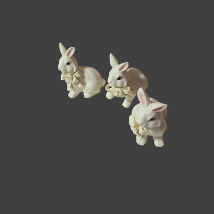 Set of 3 Ceramic Easter Bunnies w/ Flower Bows - USED