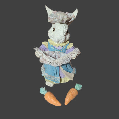 VTG Easter Bunny Resin Figurine w/ Soft Hat & Basket w/ Removeable Resin Carrots - USED