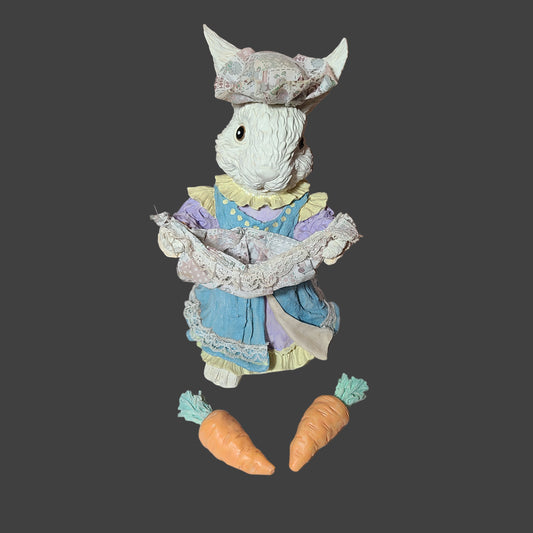 VTG Easter Bunny Resin Figurine w/ Soft Hat & Basket w/ Removeable Resin Carrots - USED