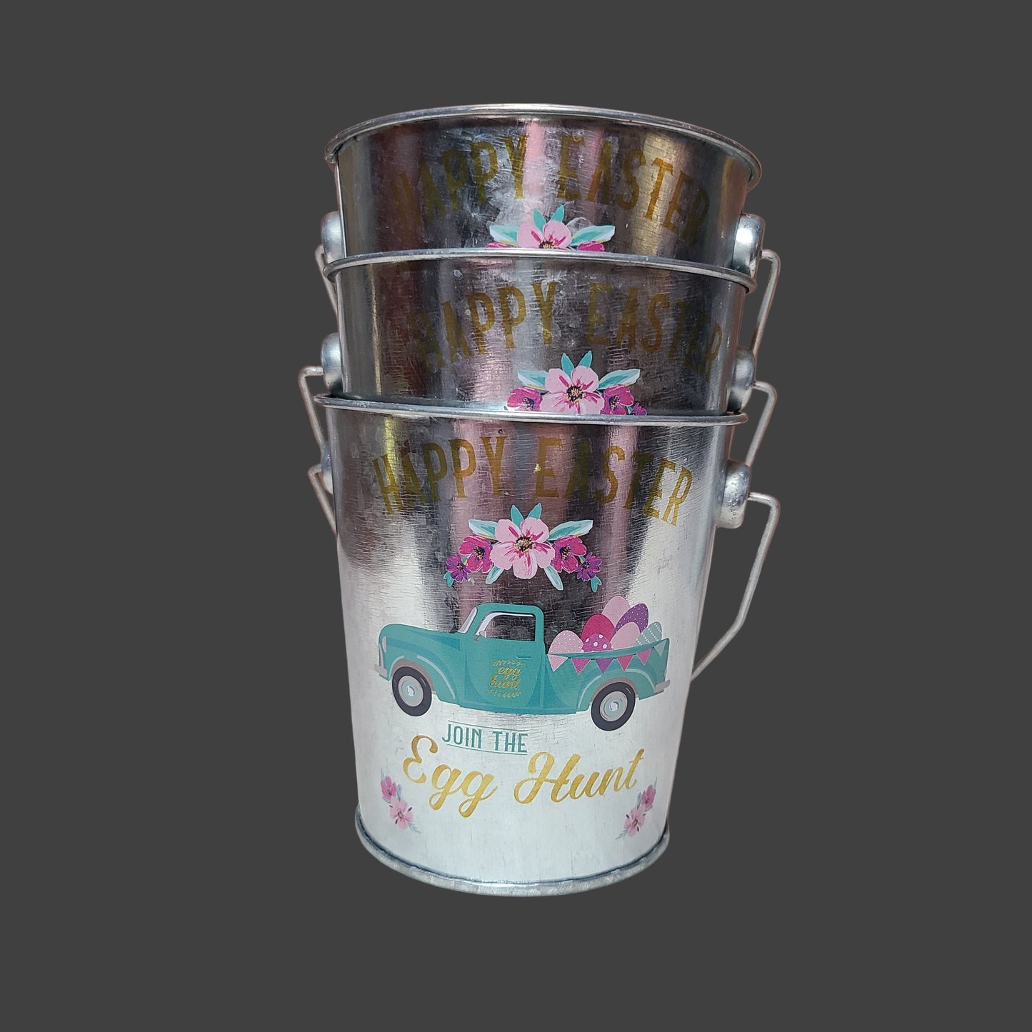 Set of 3 Small Tin Easter Pails - "Join The Egg Hunt" - LIKE NEW