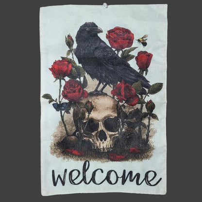 18" x 12" Crow & Skull Halloween Welcome Double-Sided Flag - USED