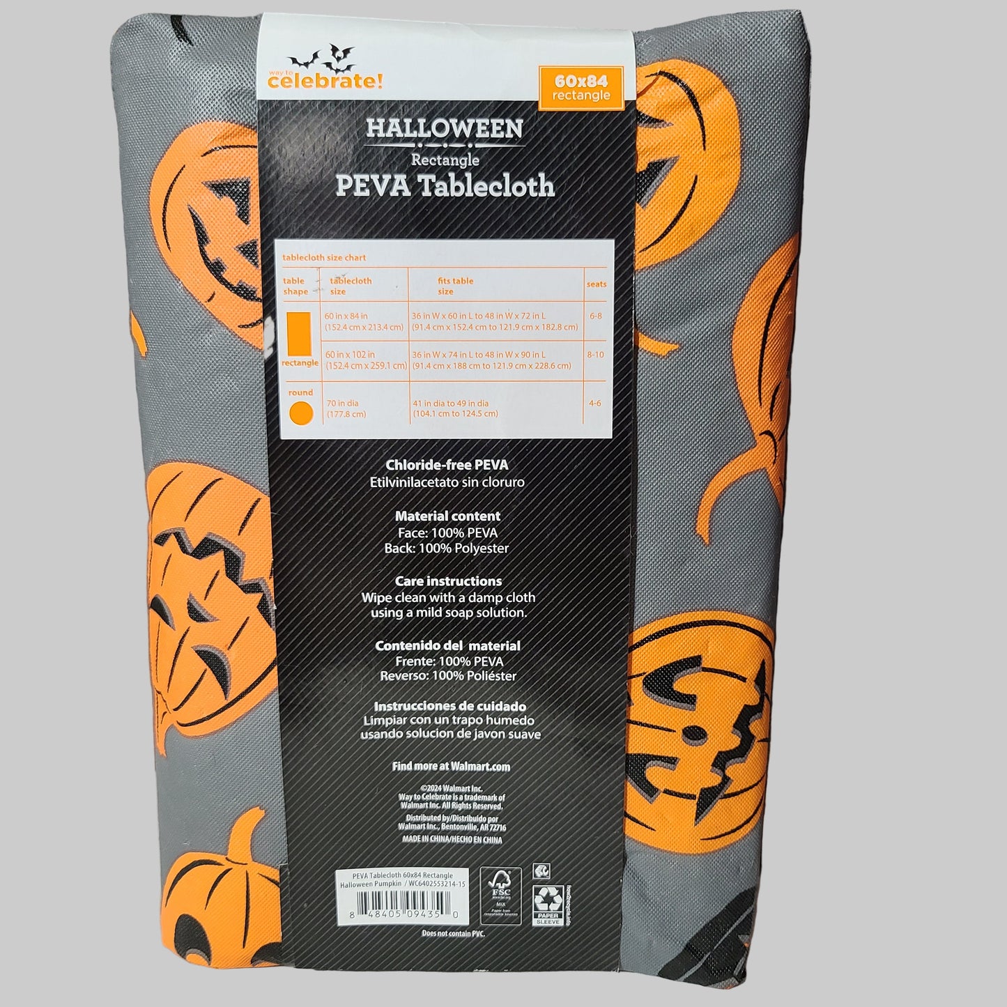 Way To Celebrate! Halloween Rectangle PEVA Gray Pumpkin Tablecloth - NEW
