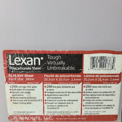 Lexan Polycarbonate Sheet XL10 2UV 8" x 10" - NEW
