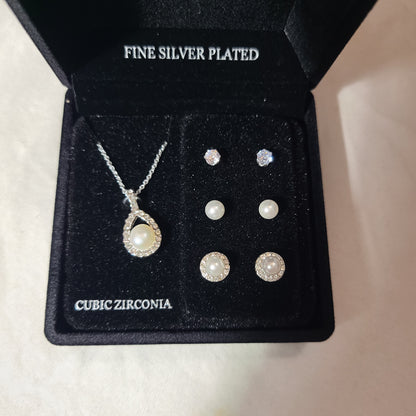 Danecraft Simulated Pearl & Cubic Zirconia Necklace & Stud Earring Trio w/ Lighted Black Box - NEW