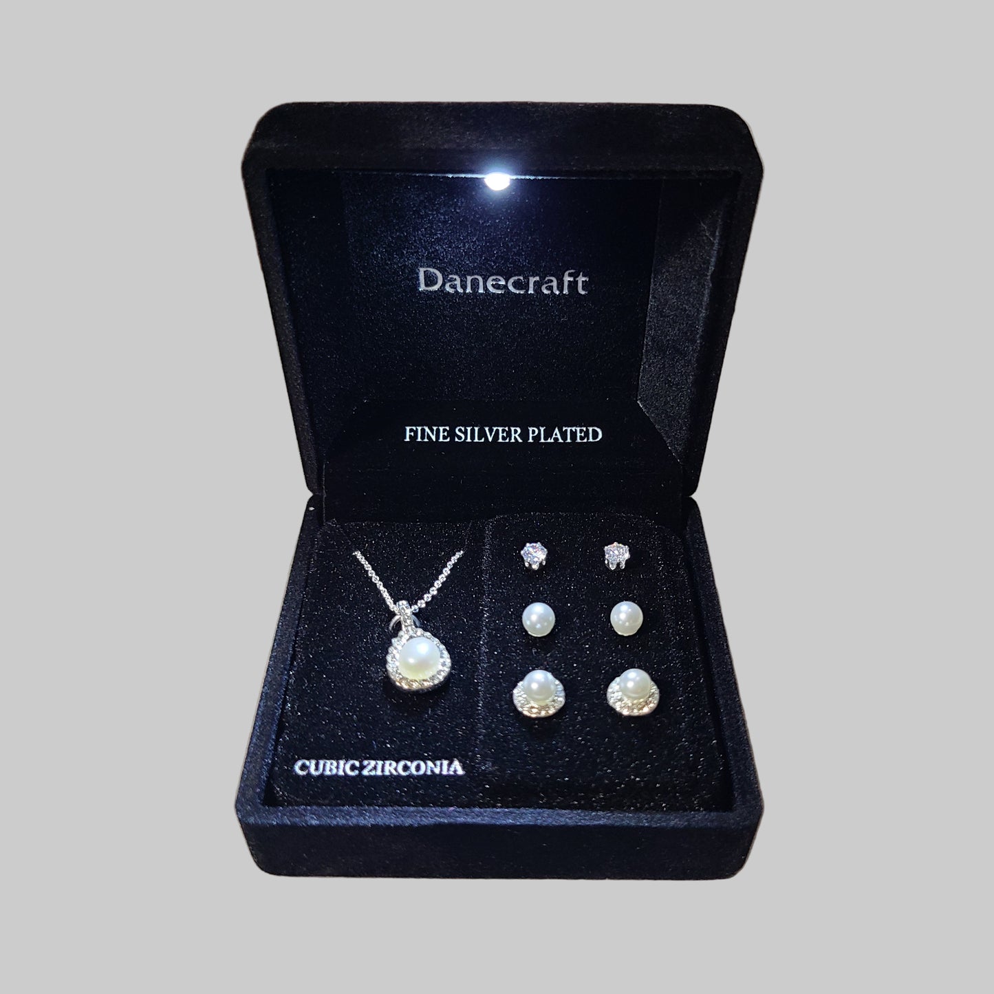 Danecraft Simulated Pearl & Cubic Zirconia Necklace & Stud Earring Trio w/ Lighted Black Box - NEW