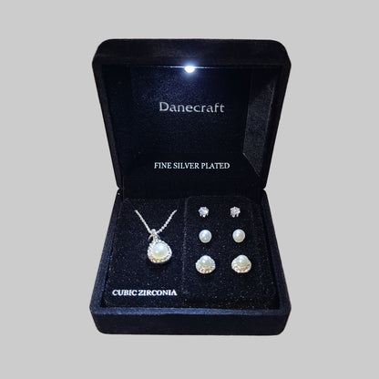 Danecraft Simulated Pearl & Cubic Zirconia Necklace & Stud Earring Trio w/ Lighted Black Box - NEW