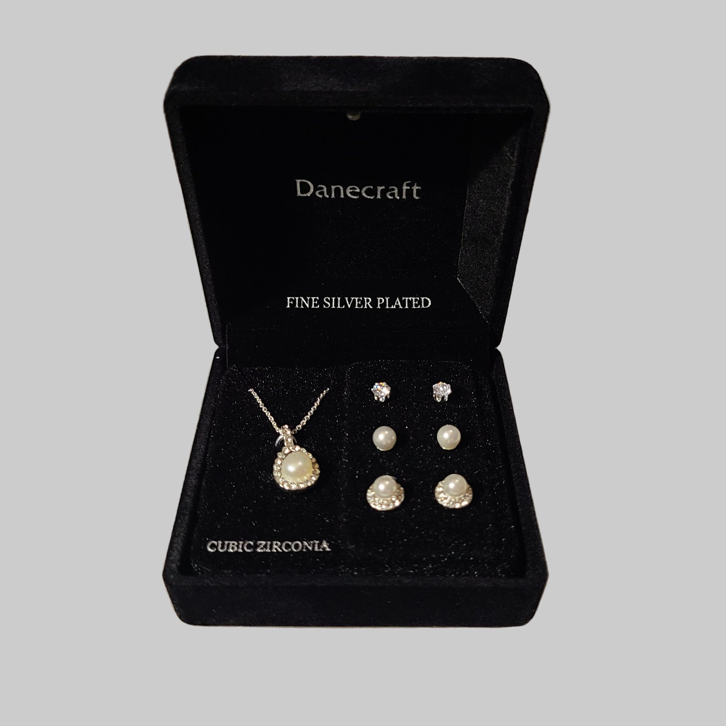 Danecraft Simulated Pearl & Cubic Zirconia Necklace & Stud Earring Trio w/ Lighted Black Box - NEW