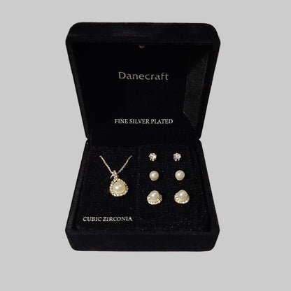 Danecraft Simulated Pearl & Cubic Zirconia Necklace & Stud Earring Trio w/ Lighted Black Box - NEW