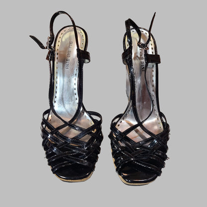 Women's 9 Gianni Bini Shiny Black Cork Wedges - USED