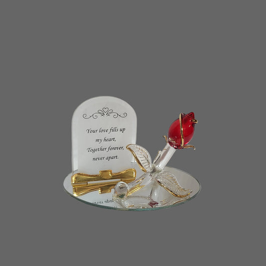 "Together Forever, Never Apart" Red Rose Glass Figurine on Mirror Base - USED