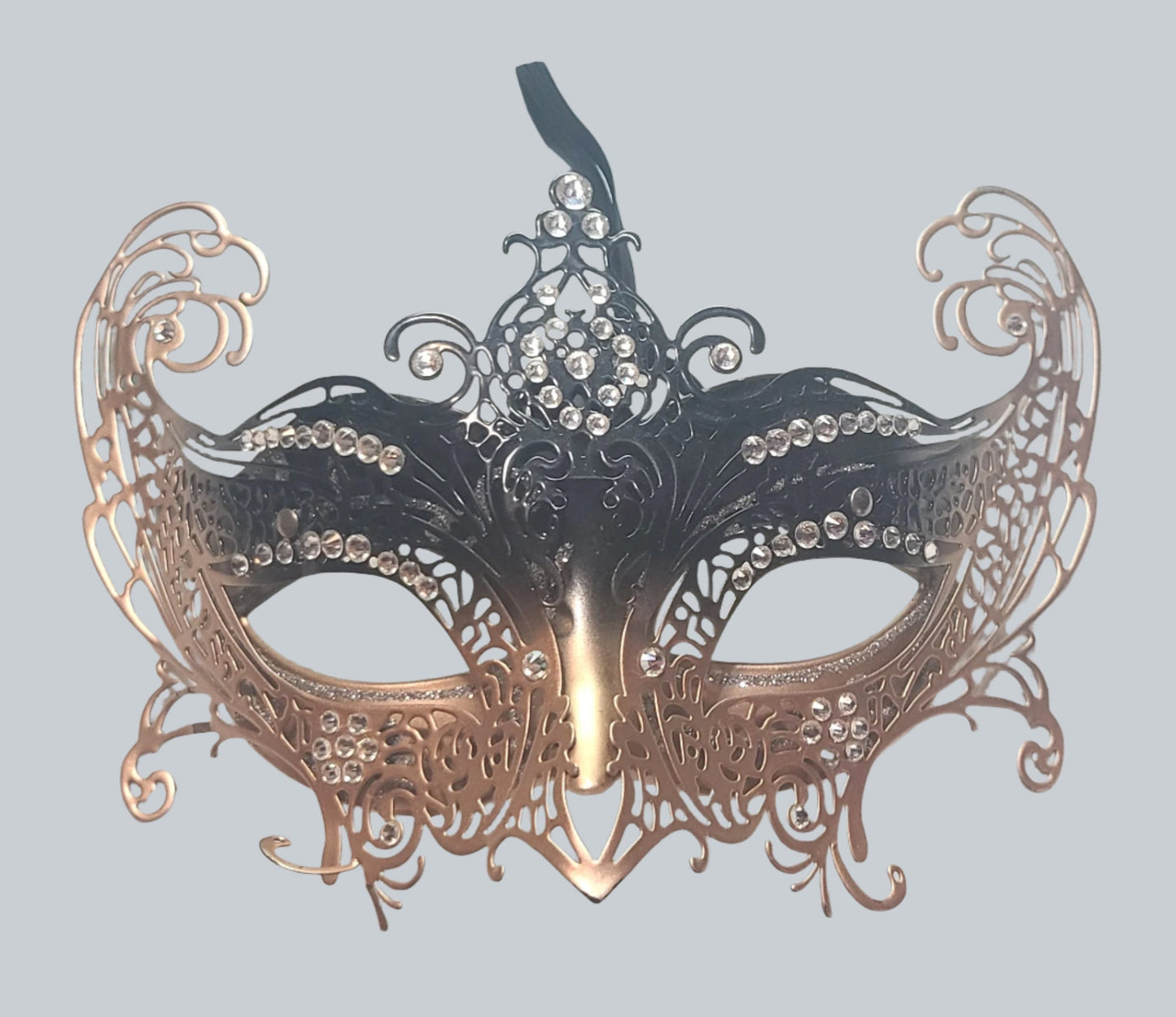 Women's Masquerade Mask – Black & Bronze Metal Filigree with Rhinestones - USED