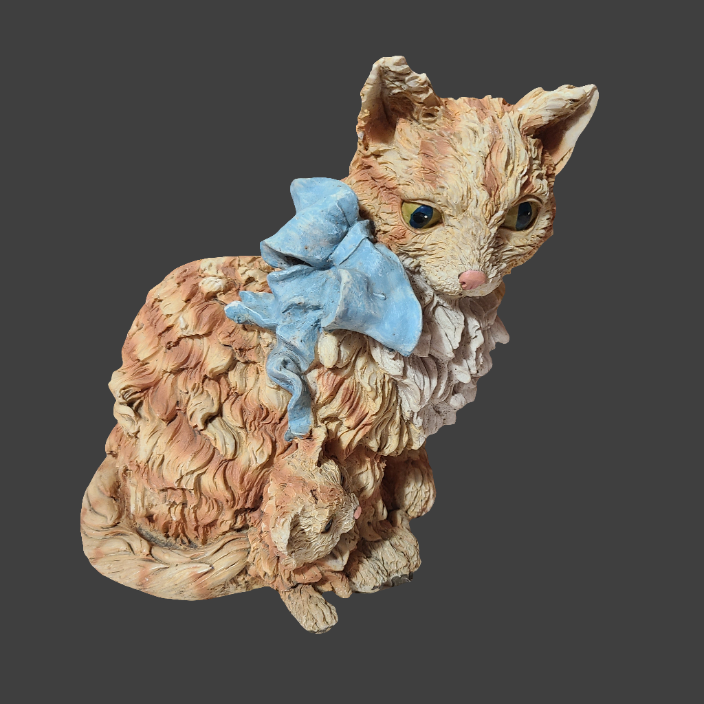 VTG Ceramic Long Hair Cat & Kitten w/ Bow Figurine - USED
