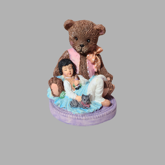 Poly Stone Sculpture Bear With Girl - Hand Painted - NEW